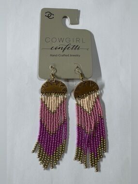 Pink Beaded Fringe Earrings with Gold Accents